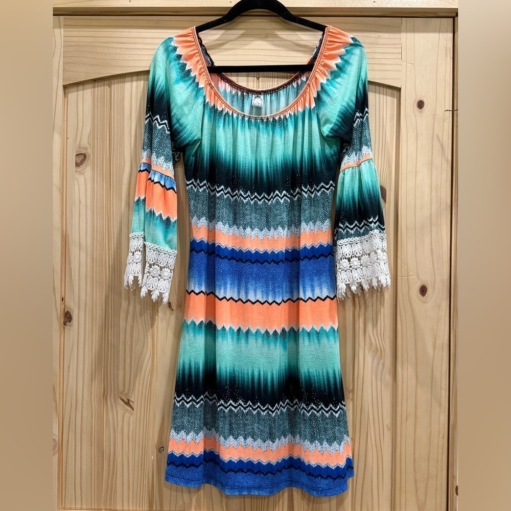 2B Together Boho Chevron Print Lace Bell Sleeve Mini Dress DENVER-314 Medium